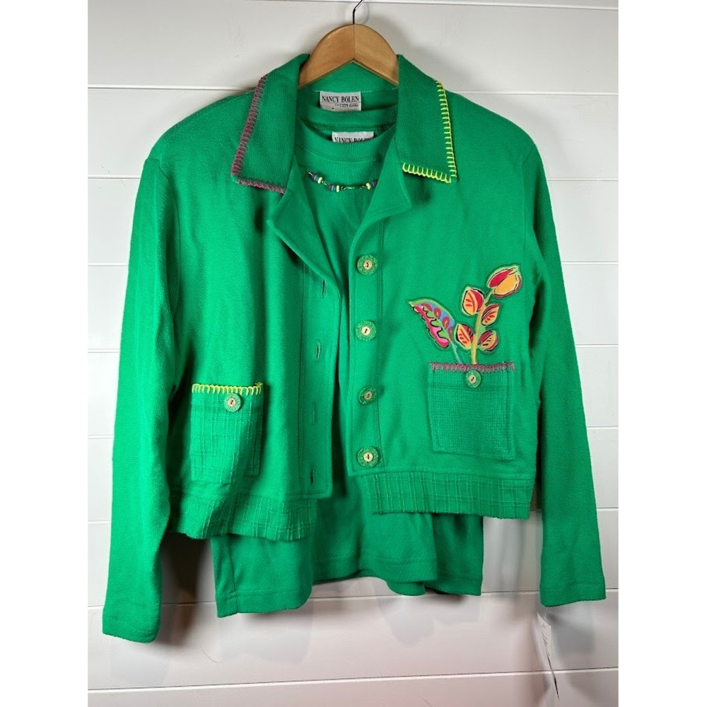 VTG Nancy Bolen City Girl Large Green Embroidered Jacket and Top Meet Me in Rio
